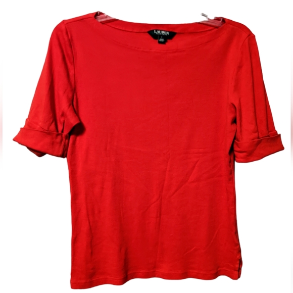 Lauren Ralph Lauren Red Top Cotton Roll Cuff T Shirt Sz. L - Picture 6 of 6
